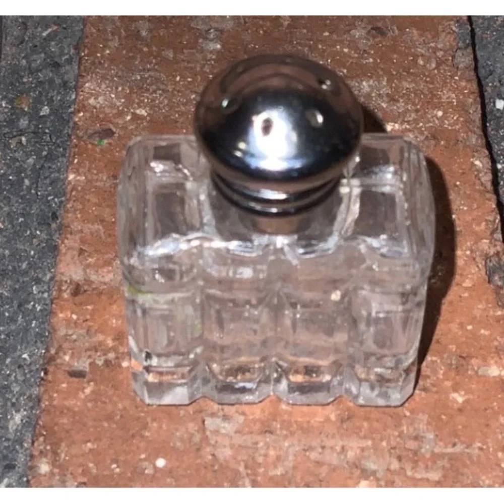 Vintage Miniature Cut Glass Salt Shaker Rectangular Geometric Clear Silver Lid